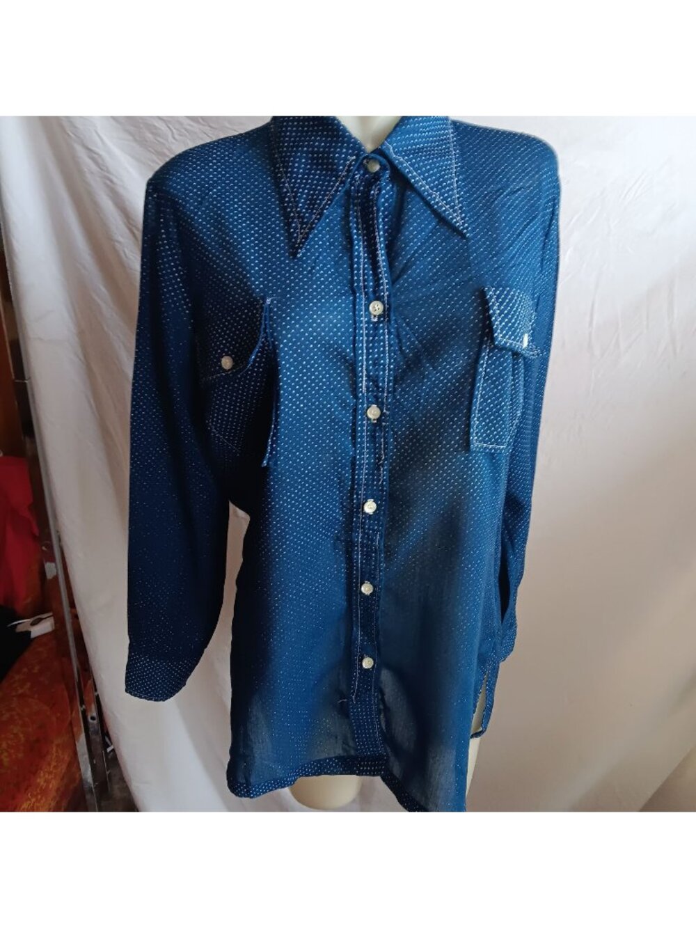 Vintage 70's Women's Large Shirt Big Collar Polka Dot Mod Shirt Sheer Thin